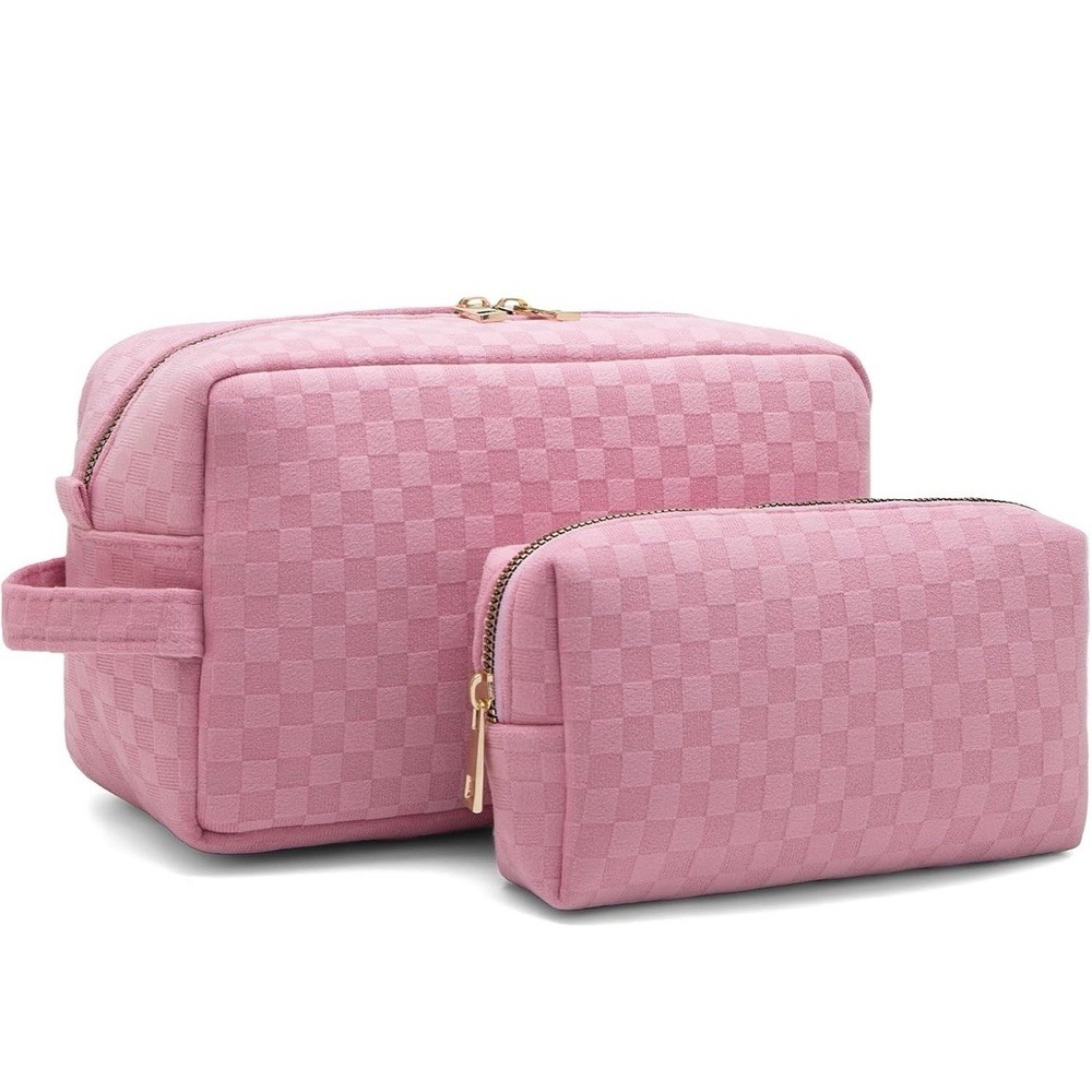 Trendy Rose Pink Damier Check 2 Piece Bag Set for Cosmetics, Travel or Storage.